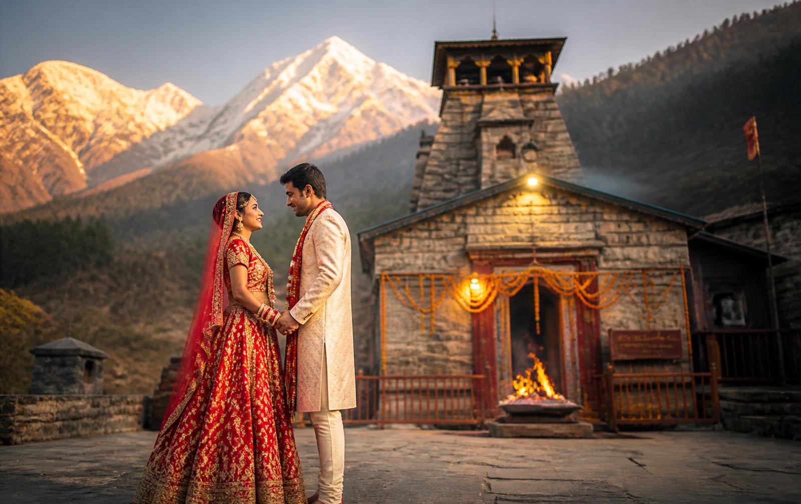 Couple celebrating their anniversary at Triyuginarayan Temple, Uttarakhand